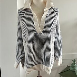 Aerie Navy and Cream Striped Cowl Neck Sweater